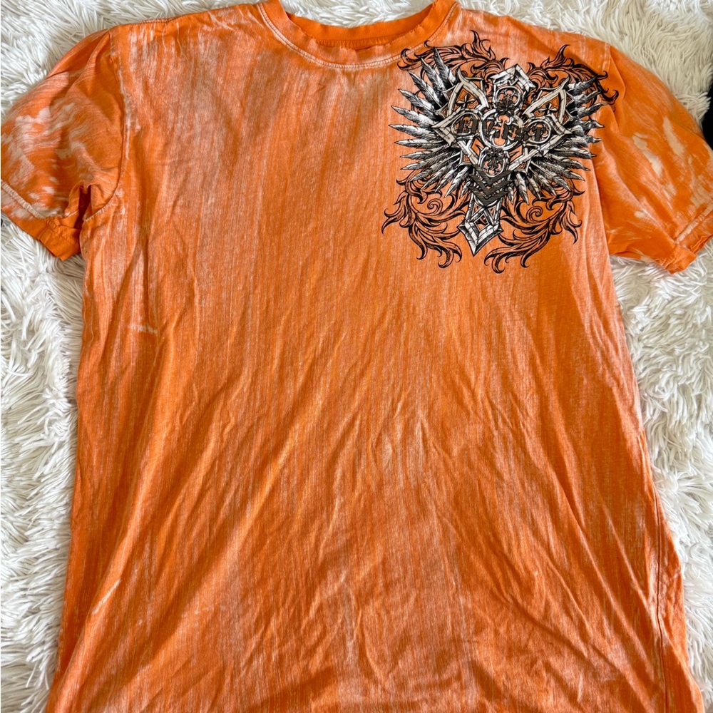 Affliction Orange Short Sleeve Tee with Graphic Design
